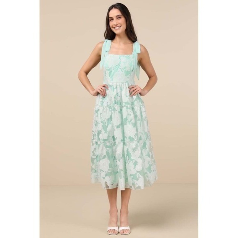 NWT Lulus Proof of Perfection Mint Green Floral Tiered Tie-Strap Midi Dress XL - Picture 3 of 10
